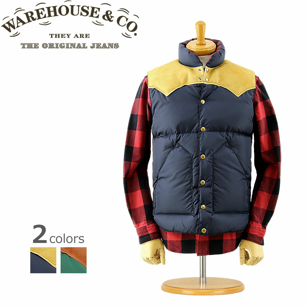 ■ WAREHOUSE × ROCKY MOUNTAIN (2106)ウエアハウス×ロッキーマウンテン ナイロン ダウンベスト 全2色(日本製 ベスト レザーヨーク アメカジ メンズ XL)