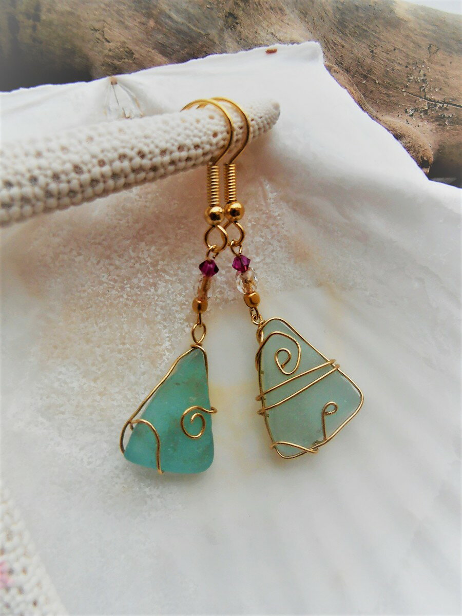 Mermaid jewelry 天然シーグラス（約2cm玉）14kgfピアス スワロフスキー オリジナル ハンドメイドアクセサリー　ハワイジュエリー マリンスタイルのサムネイル