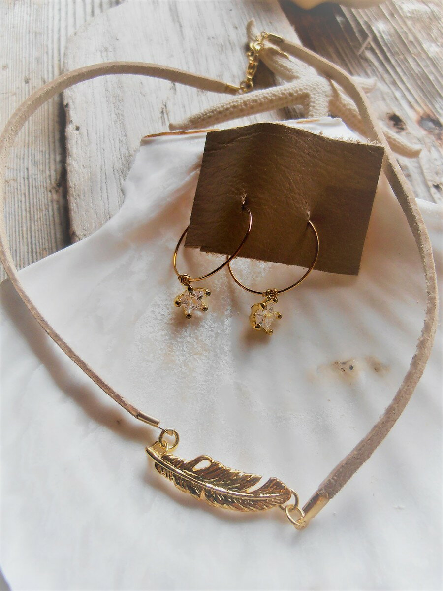 Mermaid jewelry シンプルチョーカーネックレス ピアス セット フェザーチャーム ギフトセット オリジナル ハンドメイドアクセサリー
