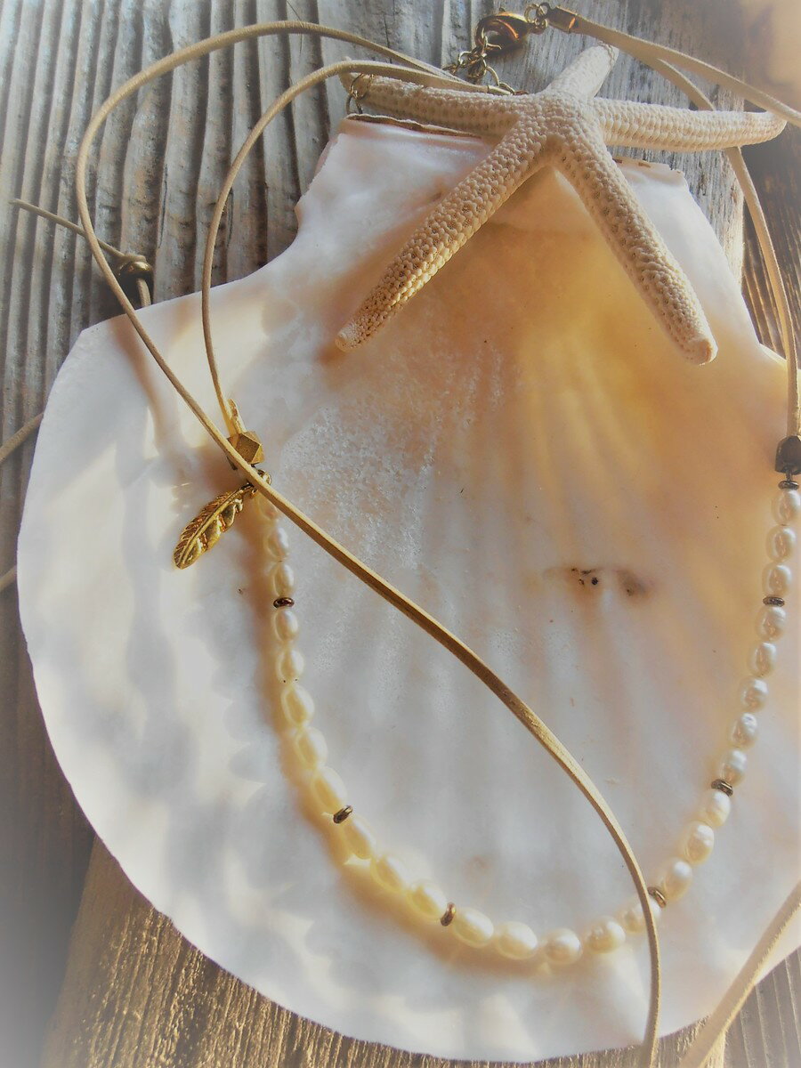 Mermaid jewelry ミニパールチョーカー 2wayネックレス フェザーチャーム オリジナル ハンドメイドアクセサリー