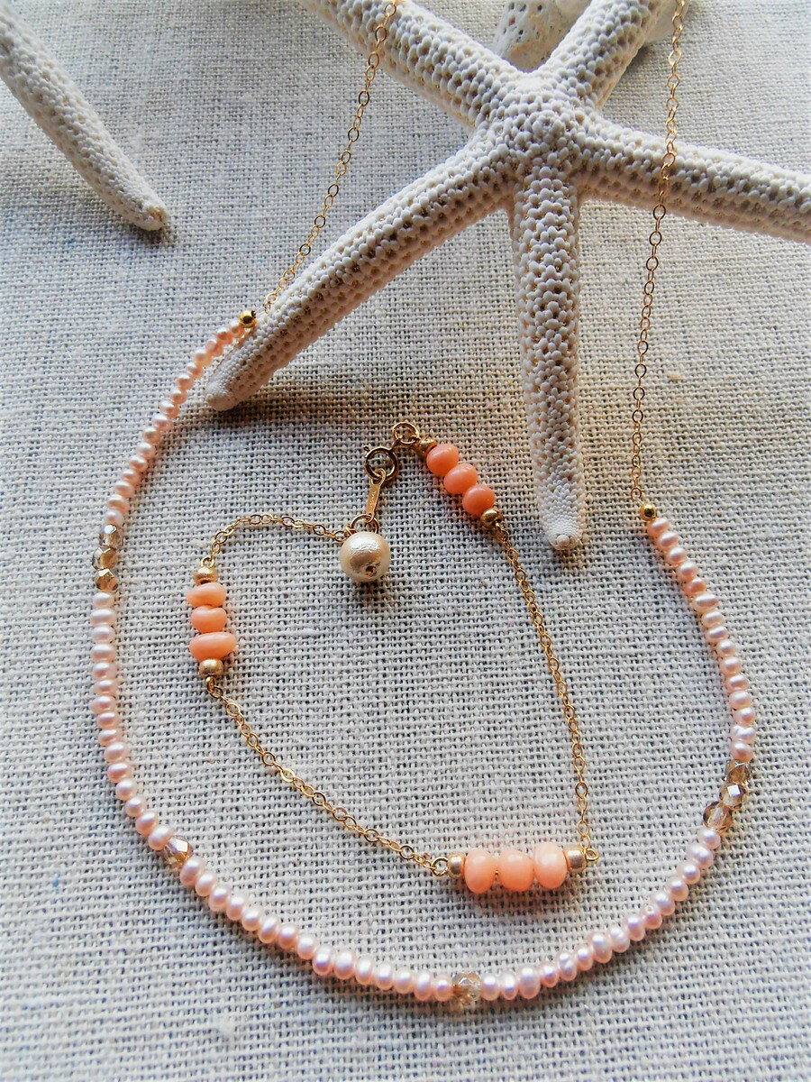 Mermaid jewelry �ߥ�ø��ѡ���� �ۥ磻�ȡ��٥ӡ��ԥ󥯡� 14kgf �ͥå��쥹 14kgf�֥쥹��å�(���åȥ�ѡ��롦�ԥ󥯥������� ���å� �ϥ�ɥᥤ�� ���������꡼�����ե�