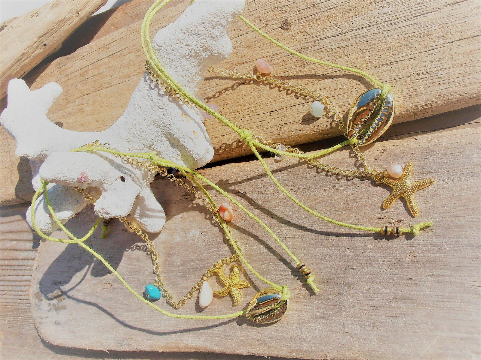 Mermaid jewelry アンクレット2セット ゴールド シェル/スターフィッシュチャーム 天然石(5ストーン) ハンドメイドアクセサリー ハワイアンジュ...