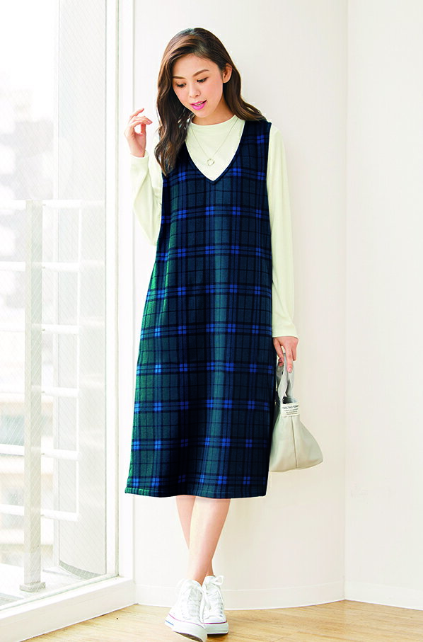 2点セット★悩まずオシャレ！インナー付きジャンパースカート M L LL / 2点セット ジャンパースカート ワンピース カジュアル 大人 ファッション レディース 上品 30代 40代 50代 60代 70代 女性 秋 冬