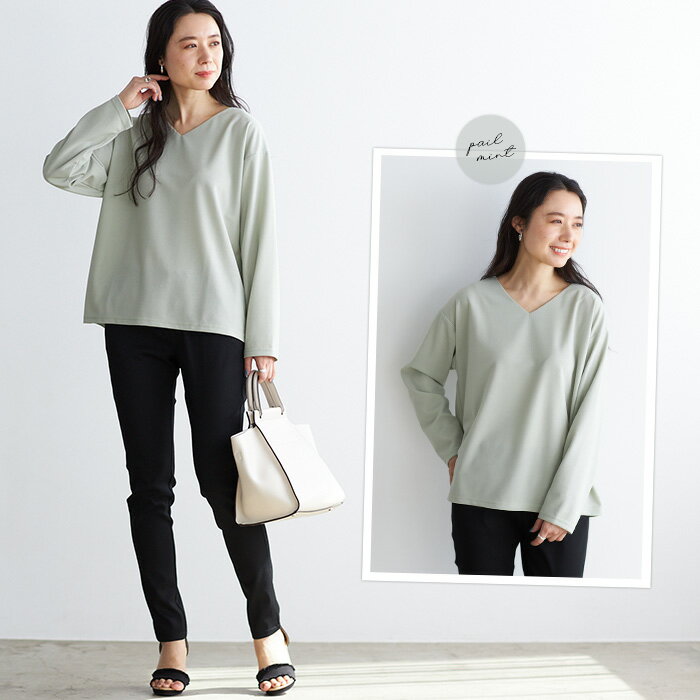 ベーシック　Vネックカットソー　M L / Vネック カットソー tops ゆったり 体型カバー M 春 夏 ミセス　カットジョーゼット