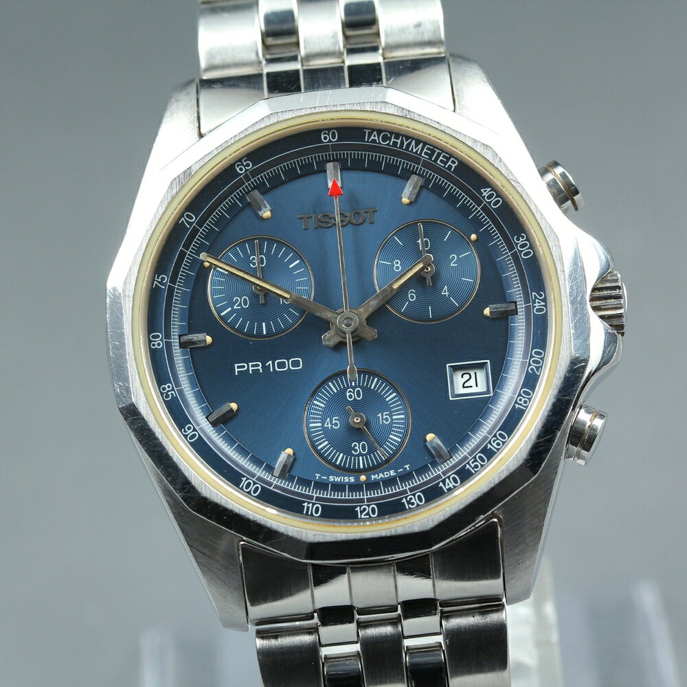 【稼働品】 TISSOT ティソ PR100 クロノグラフ P372/472-1 ブルー シルバー デイト クロノグラフ 純正ブレス クオーツ メンズ 腕時計 #17805