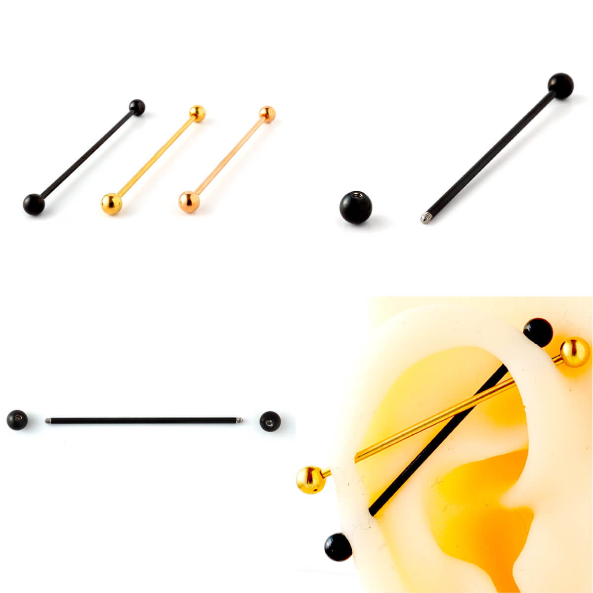 インダストリアル カラー ブラック ゴールド ピンクゴールド 軟骨 ピアス 14G 16G 軟骨ピアス キャッチ サージカルステンレス ピアス 金属アレルギー 安心 ストレートバーベル 軟骨用 つけっぱなし ファーストピアス