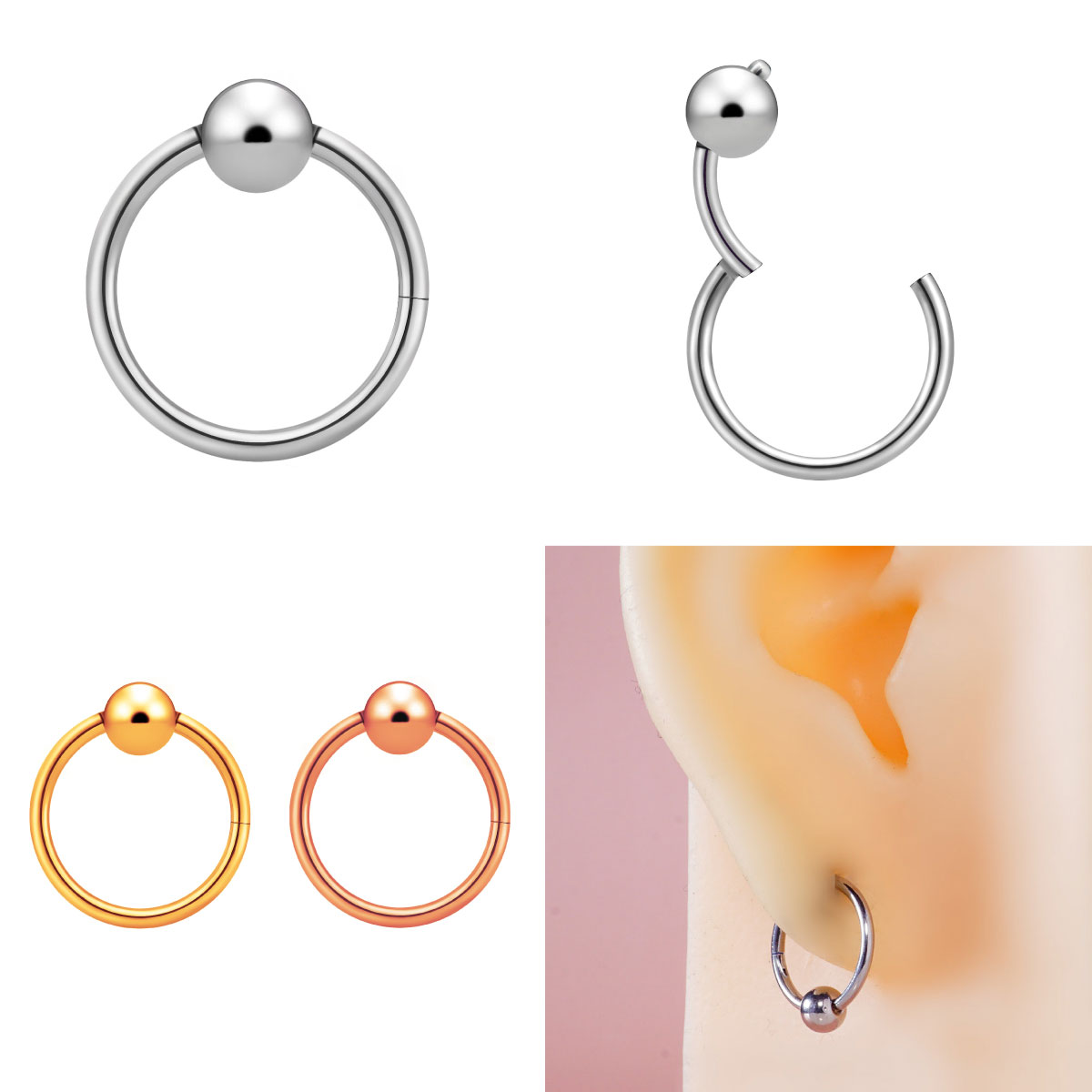 ワンタッチ キャプティブビーズリング クリッカー ボディピアス 14g 16g リングピアス 軟骨ピアス フープ サージカルステンレス ピアス 金属アレルギー 軟骨用 つけっぱなし かわいい ファーストピアス キャッチレス