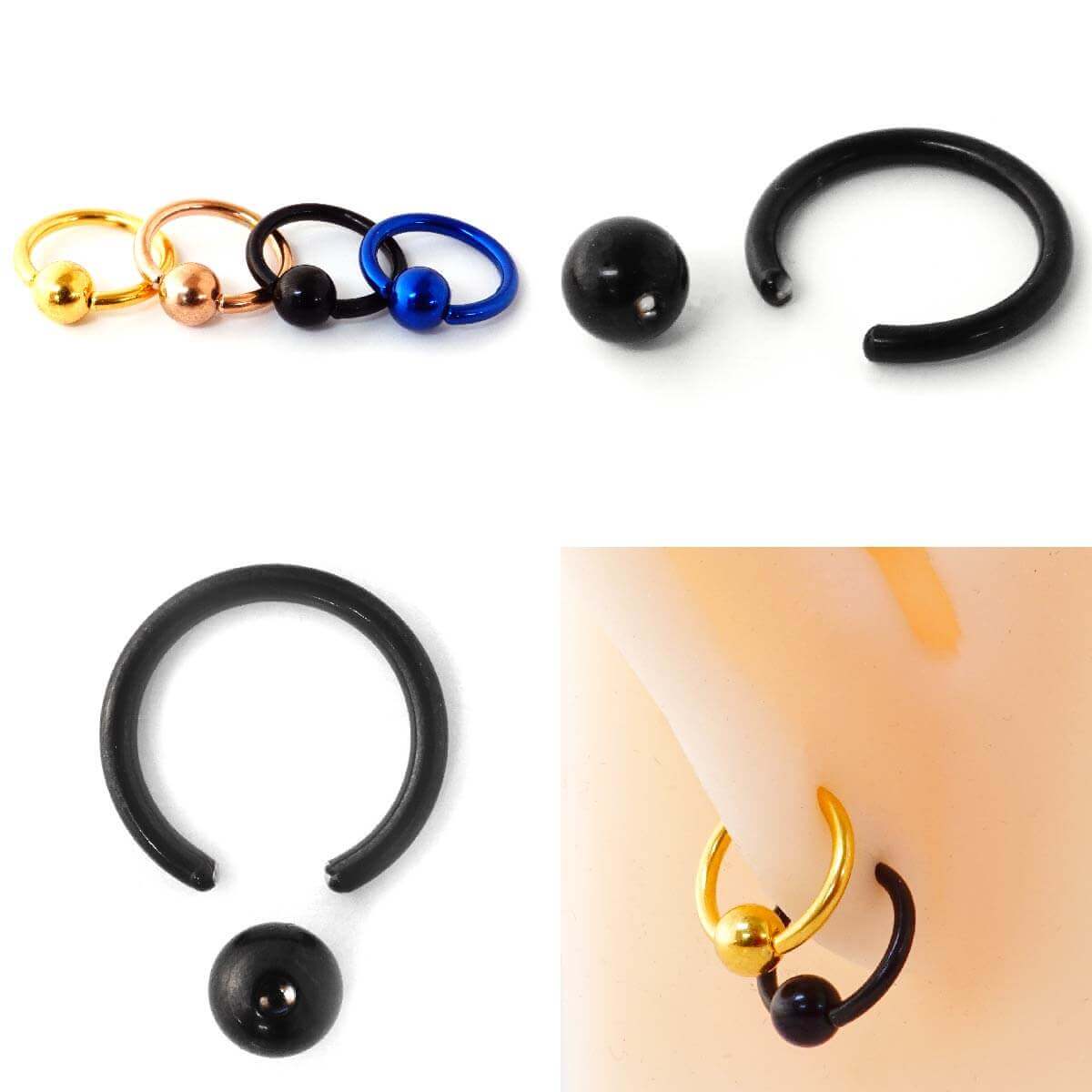 カラー キャプティブビーズリング 14G 16G 18G サージカルステンレス ゴールド ピンクゴールド ブラック イヤーロブ ヘリックス トラガス アンチトラガス スナッグ コンク ロック 軟骨ピアス ボディピアス