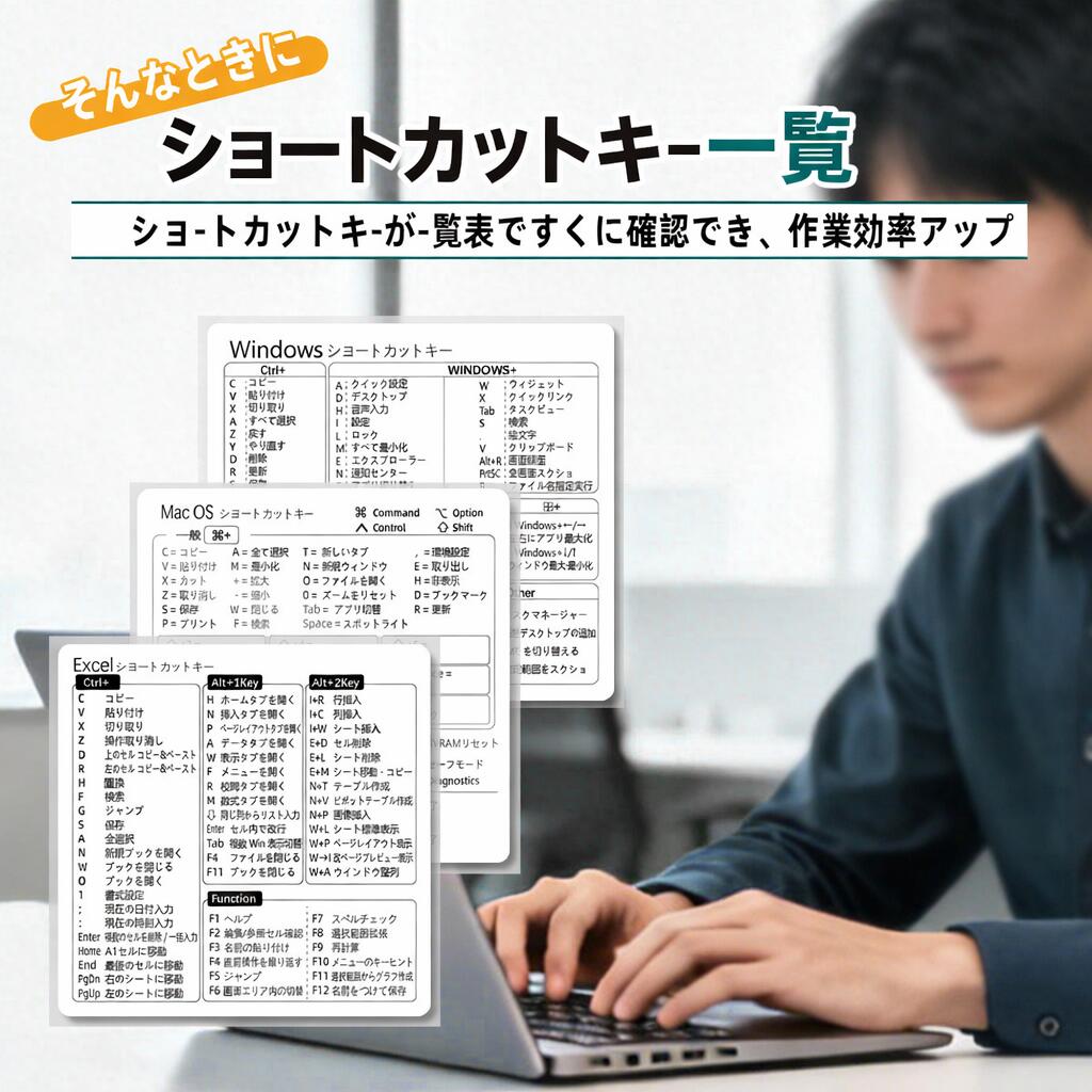 ショートカットキーラベル シール ショートカットキー一覧 透明ビニール 8cm×8cm オフィス用 防水・粘着剤跡なし Windows・Excel・Mac対応