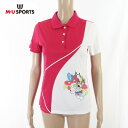 《お買い得》エムユースポーツ MU SPORTS ポロシャツ サンプル品 サイズ40(M) ピンク ホワイト カットソー 半袖 プリント スパンコール ラインストーン ストレッチ ゴルフウェア スポーツ 日本製 レディース LCS1594
