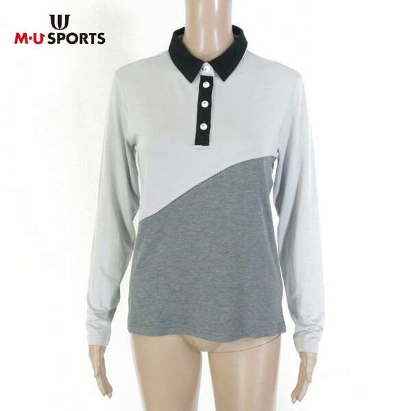 《お買い得》エムユースポーツ MU SPORTS ポロシャツ サンプル品 サイズ40(M) グレー カットソー 長袖 ゴルフボールボタン ゴルフウェア スポーツ 日本製 レディース LCS1693
