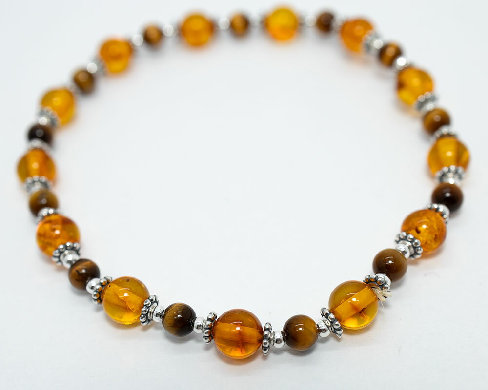 琥珀＆タイガーアイブレスレット【天然石】【パワーストーン】バルティックアンバー(琥珀) バルト海沿岸 天然琥珀 金運ブレス　シルバー925