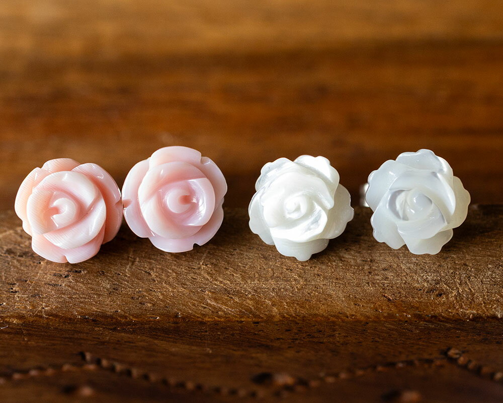silver925 マザーオブパール or クィーンコンクシェル ピアス 薔薇 約8mm ピアス ポイント 天然石 パワーストーン バハマ諸島産 パールピアス シェル　スタッドピアス　ローズピアス