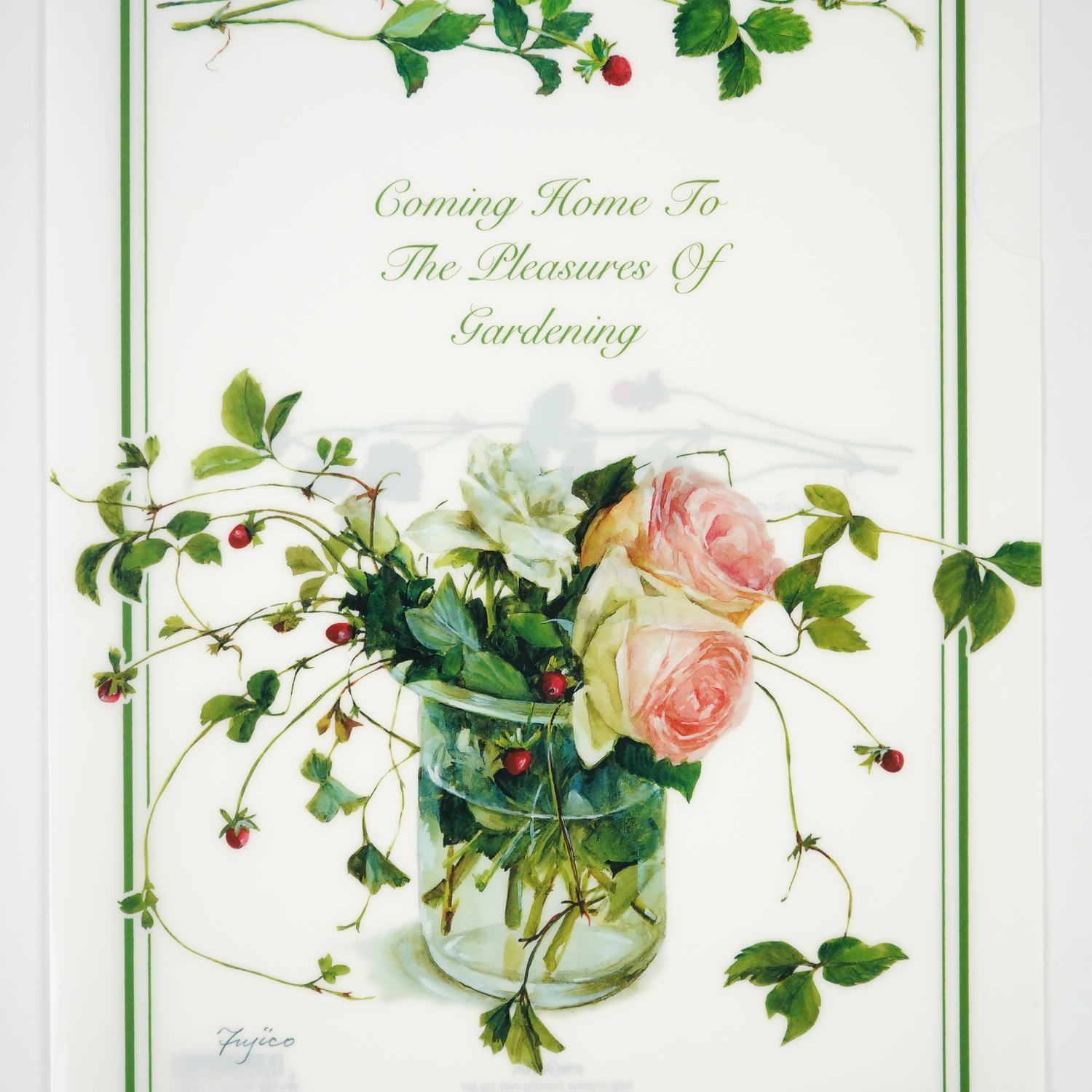 A4クリアフォルダ　Fujicoバラとヘビイチゴ｜cf-149 花柄 バラ柄 ローズ 橋本不二子 フロンティア クリアファイル 収納 A4 1枚入り 事務用品 書類整理 カラー カラフル 大人 おしゃれ お洒落 シンプル かわいい 可愛い 華やか 上品 ギフト プレゼント 日本製