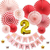 2歳バースデーデコレーションバルーンセットピンク誕生日豪華飾り付け数字風船ペーパーファンガーランドお祝いパーティー