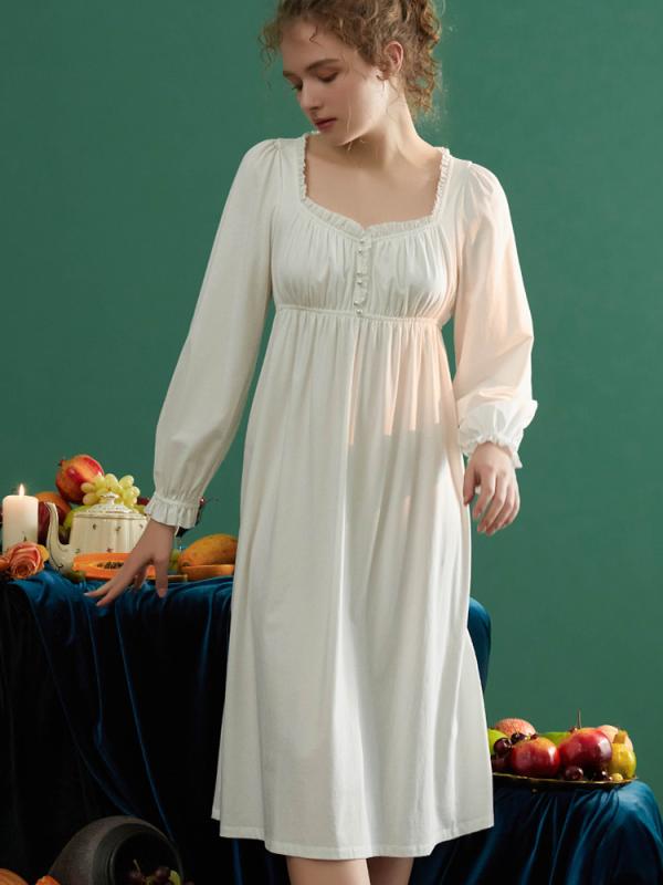 おしゃれ パジャマ レディース ワンピース フレンチ ハイエンド レトロ 宮廷風 長袖 プリンセス 妖精 甘い フェミニン スクエアネック スカート ロング コットン 春秋 白 青 緑 S M L