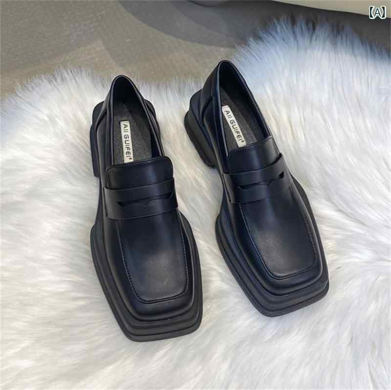 ローファー レディース 厚底 スクエアトゥ 英国 レザーシューズ 秋 パテントレザー ミドルヒール 黒 マット 艶 白 シンプル 婦人靴