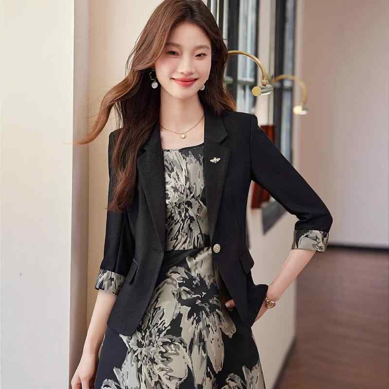 セットアップ レディース テーラードジャケット ワンピース 七分袖 秋冬 大きいサイズ プラスサイズ 体型カバー 着痩せ 若見え エレガント 上品 オフィス 冠婚葬祭 通勤 ブラック ポリエステル 無地 カジュアル 高級感(4.0)