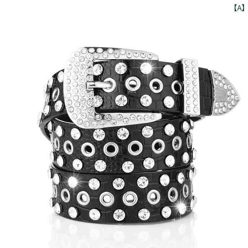 ベルト レディース 太め ラインストーン 多用途 装飾 ワイド ピンバックル PU キラキラ 光沢 アクセサリー 合金 シングルループ ヒョウ柄 黒 白 赤