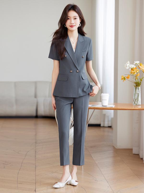 セットアップ レディース 夏 半袖 薄手 テーラードジャケット 九分丈パンツ アンクル丈 事務服 通勤 オフィス 接客 スーツ 上品 高級感 清楚 きれいめ スリム 涼しい ワークウェア ポリエステル 無地 カジュアル グレー ブラック ネイビー