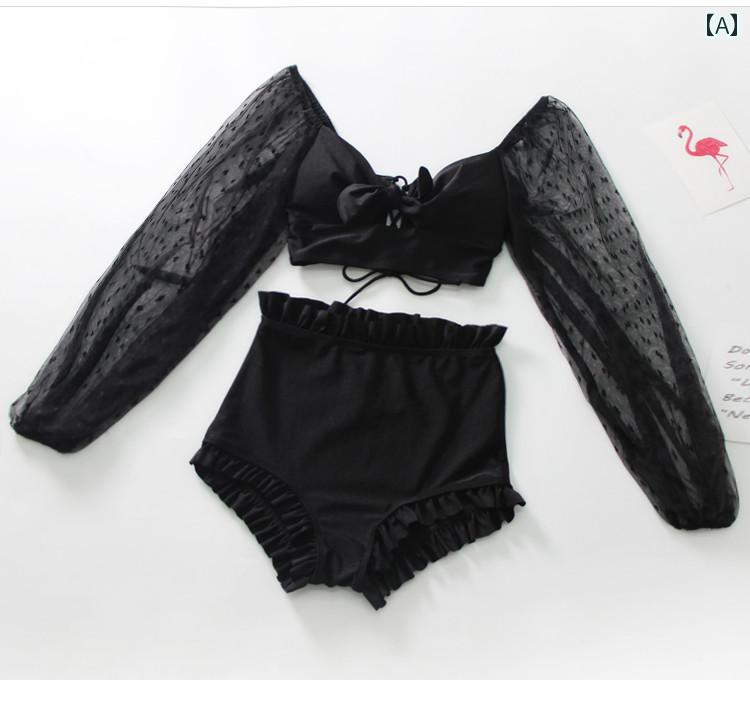 水着 ビキニ レディース セパレート 夏 セクシー ハイウエスト Vネック シアー 長袖 日焼け防止 リゾート 旅行 セレブ風 黒 おしゃれ