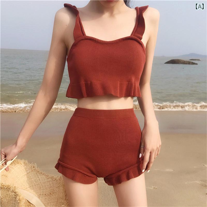 フロントップ楽天市場店の水着 ビキニ レディース セパレート 夏 体型カバー セクシー チューブトップ ハイウエスト ビーチ プール 温泉 フリル シンプル 茶色 青 黒｜アングル2
