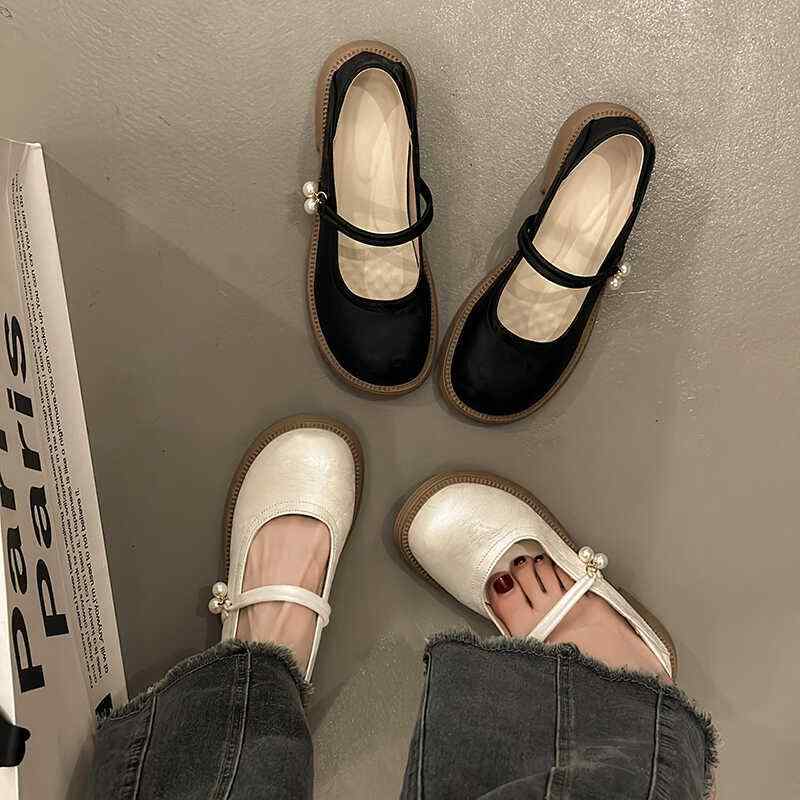 ローヒール 靴 中国 メリージェーン フラット チャイナ風 サテン 小さめ 春夏 PU ラウンドトゥ アイボリー 黒 シンプル おしゃれ おでかけ 普段使い 滑り止め