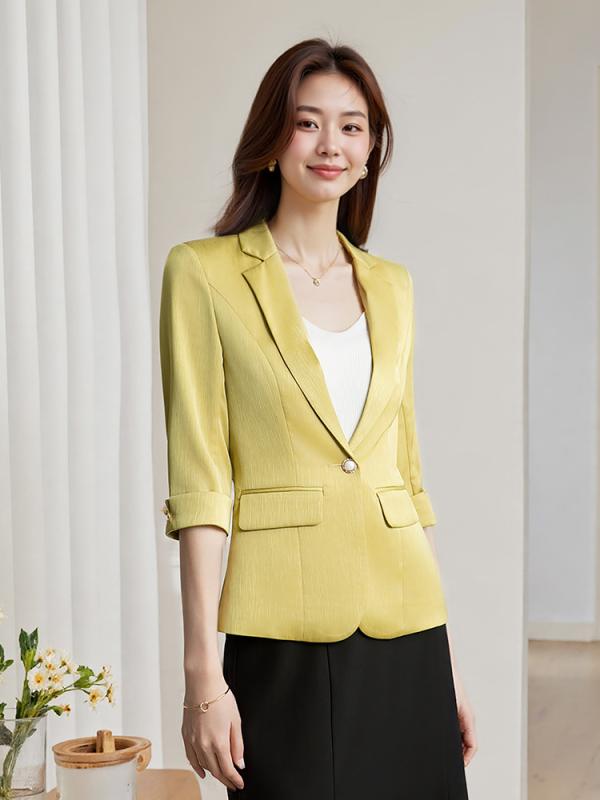 Pants Suit - ジャケット レディース テーラードジャケット 七分袖 テーラードカラー 襟 前開き 羽織り カジュアル キレイめ 高級感 スリム 着痩せ ポリエステル 春夏 通勤 オフィス イエロー ブラック アプリコット