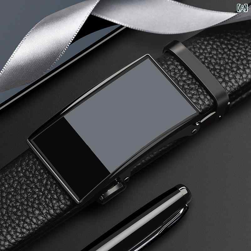 ベルト メンズ おしゃれ 自動 バックル 牛革 普段使い エンボス加工 光沢 合金 シングル シンプル ビジネス ギフト 穴なし ガンメタ 黒