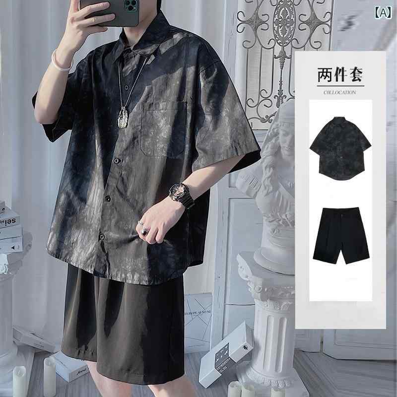 セットアップ メンズ 半袖 夏 韓国 シャツ 大きいサイズ ゆったり シングルブレスト ポケット ポインテッドカラー ハーフパンツ 総柄 青 黒