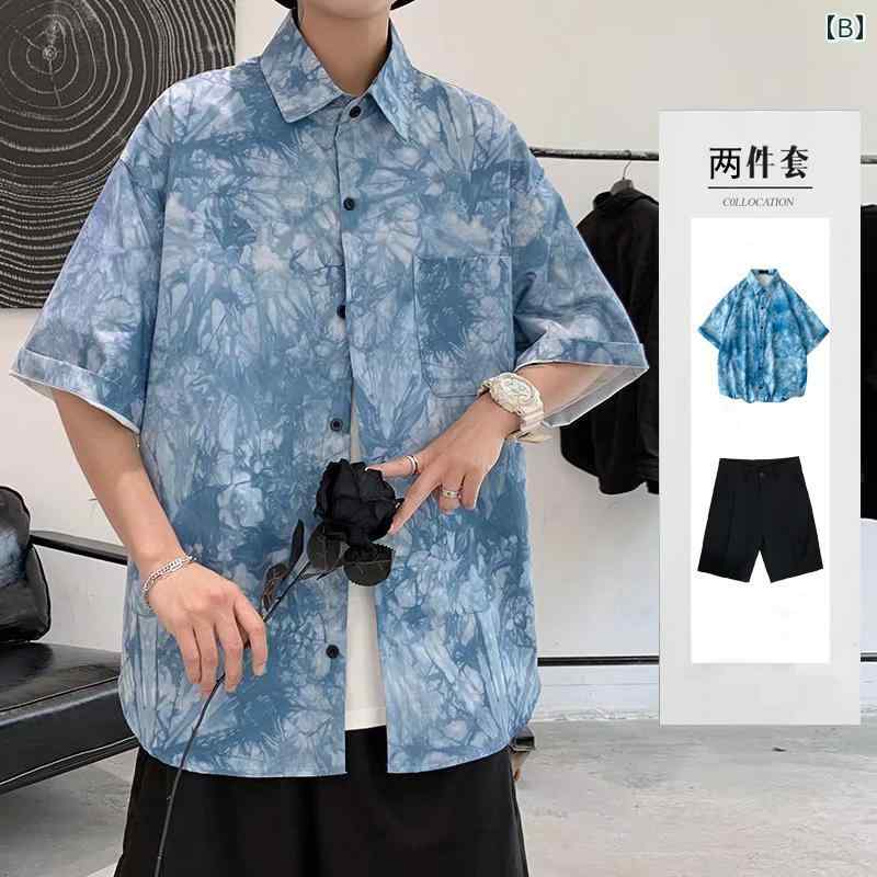 セットアップ メンズ 半袖 夏 韓国 シャツ 大きいサイズ ゆったり シングルブレスト ポケット ポインテッドカラー ハーフパンツ 総柄 青 黒