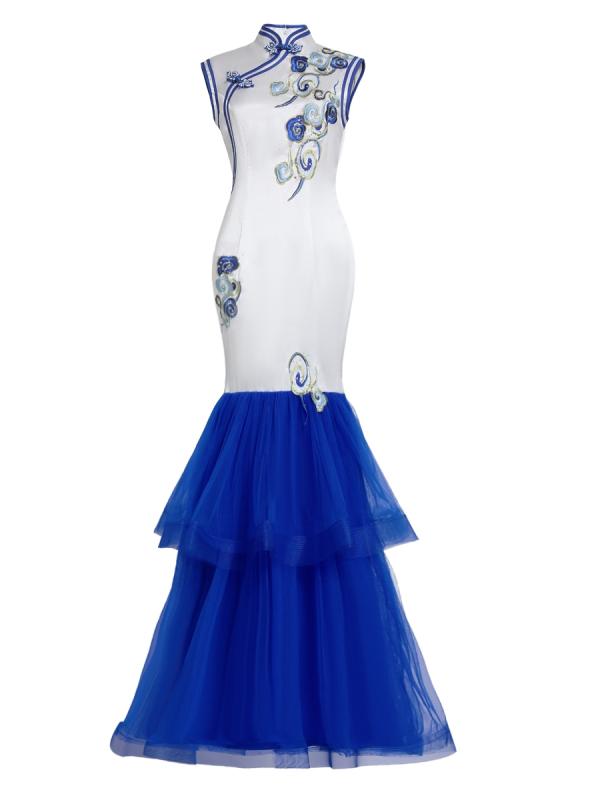 チャイナドレス レディース パーティー イベント フォーマル お呼ばれ コスプレ ロング 大きいサイズ ファッショナブル マーメイド 春夏 パフォーマンス 衣装 ブルー ホワイト ノースリーブ エレガント スリット ハイネック