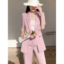 レディース おしゃれ パンツスーツ スリム 夏 上下セット 大人 上品 オフィス ビジネス ダブルブレスト ボタン 半袖 ジャケット トップス ピンク