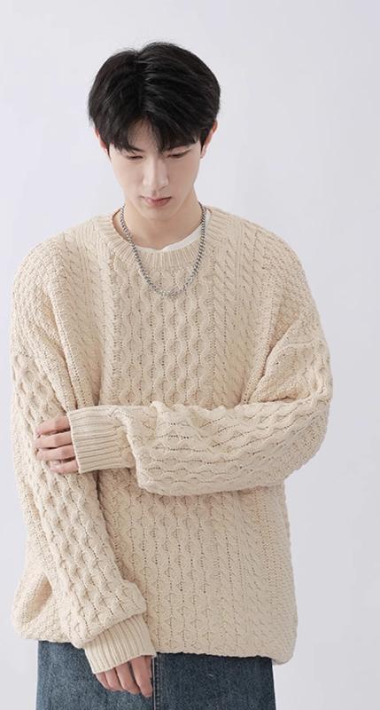 メンズ セーター 厚手 トップス 防寒 暖かい カジュアル 秋冬 ニット ラウンドネック ケーブル編み ゆったり 大きいサイズ アプリコット 青 黒