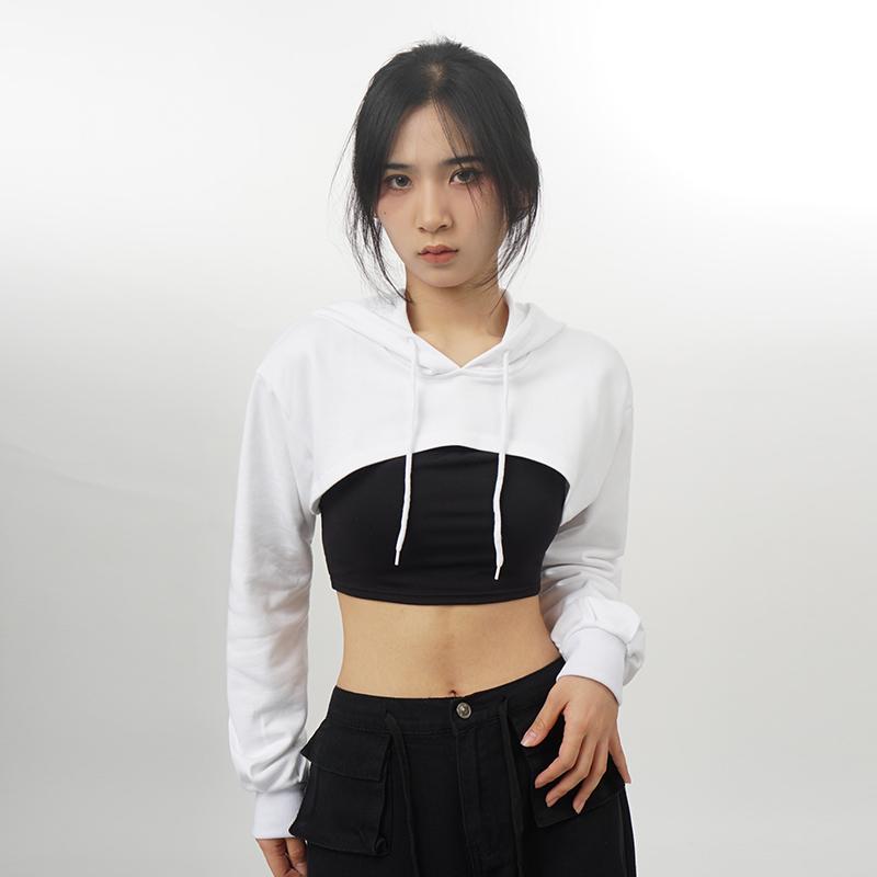 ショートパーカー レディース フード スウェット ルーズ ホットガール へそ出し セクシー ダンス ジャズ ストリート カジュアル 長袖 チューブトップ 白 黒(4)