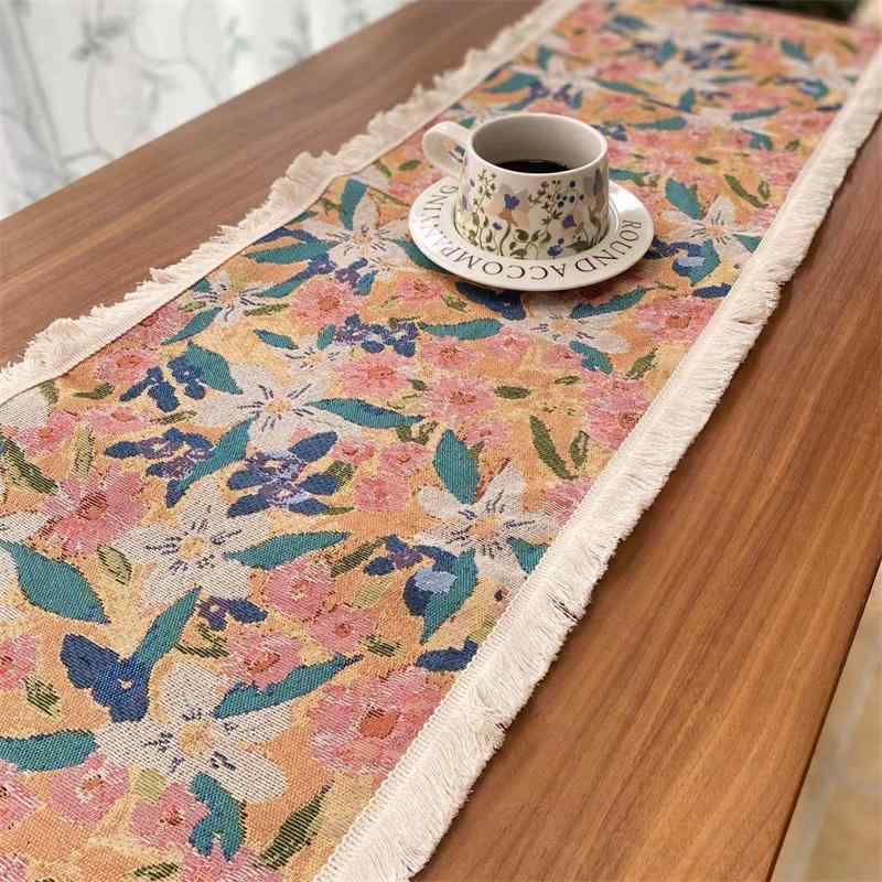 テーブルランナーおしゃれ アメリカン カントリー レトロ フラッグ キャビネット カバー クロス コットン リネン ロング 花柄 エレガント フリンジ 柔らかい パーティー