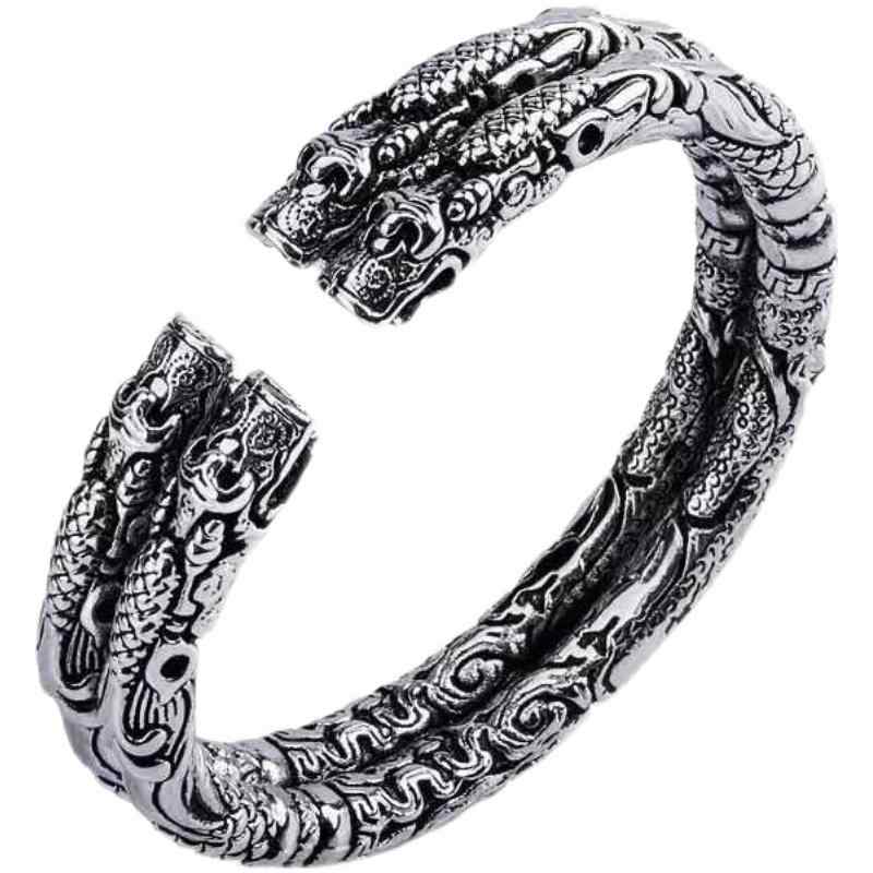 メンズ シルバー バングル シングル ダブル ブレスレット レトロ 古い レディース 男性 女性 紳士 竜 ドラゴン ヘッド スターリング カップル ペア ごつめ