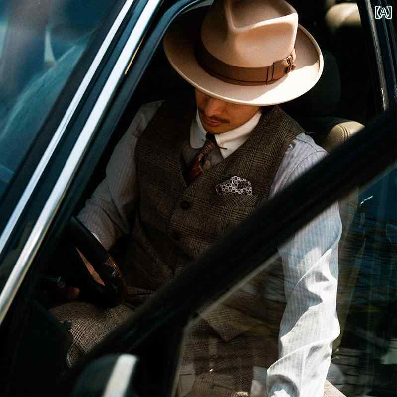 ベスト メンズ 秋冬 ウール 前開き ノーカラー Vネック シングル ボタン ポケット バックベルト スリム スーツ ビジネス ブリティッシュ レトロ おしゃれ チェック柄 カーキ