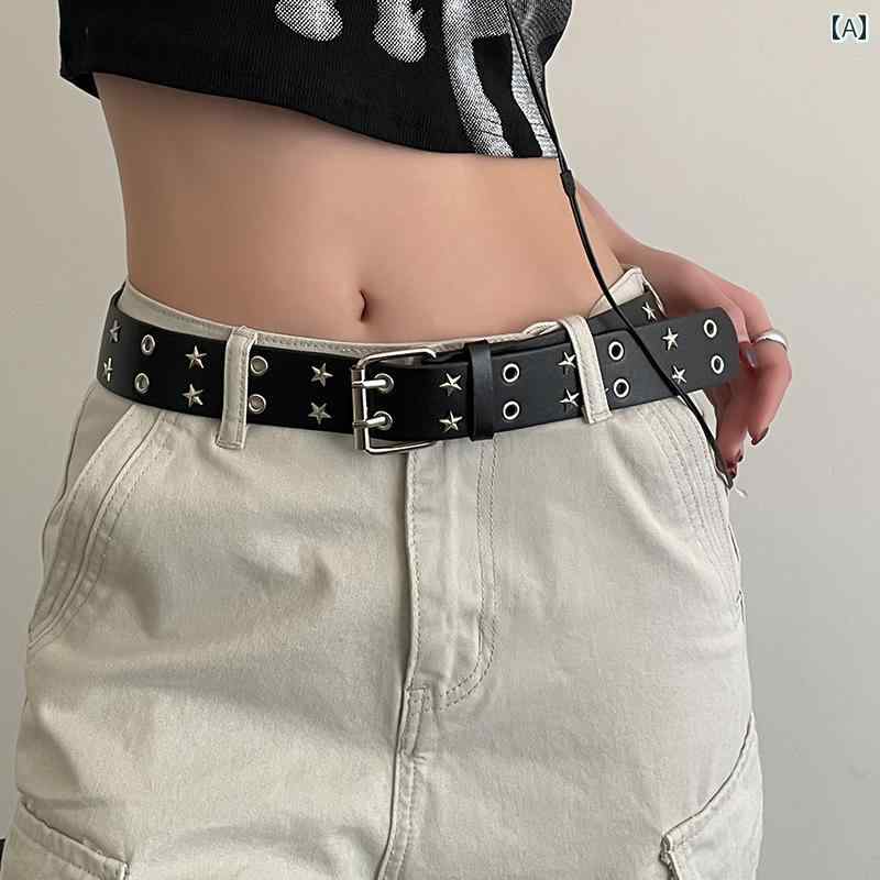 ベルト かっこいい レディース 女性 ティーン 韓国 パンク ストリート 普段使い ヒップホップ アクセサリー PUレザー 合金 黒 ピン式 ダブル リベット