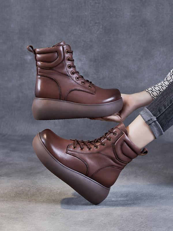 ショートブーツ レディース 厚底 シューズ 靴 おしゃれ 秋冬 快適 歩きやすい ウェッジ レトロ 裏起毛 レースアップ 暖かい 防寒 カジュアル ブラウン