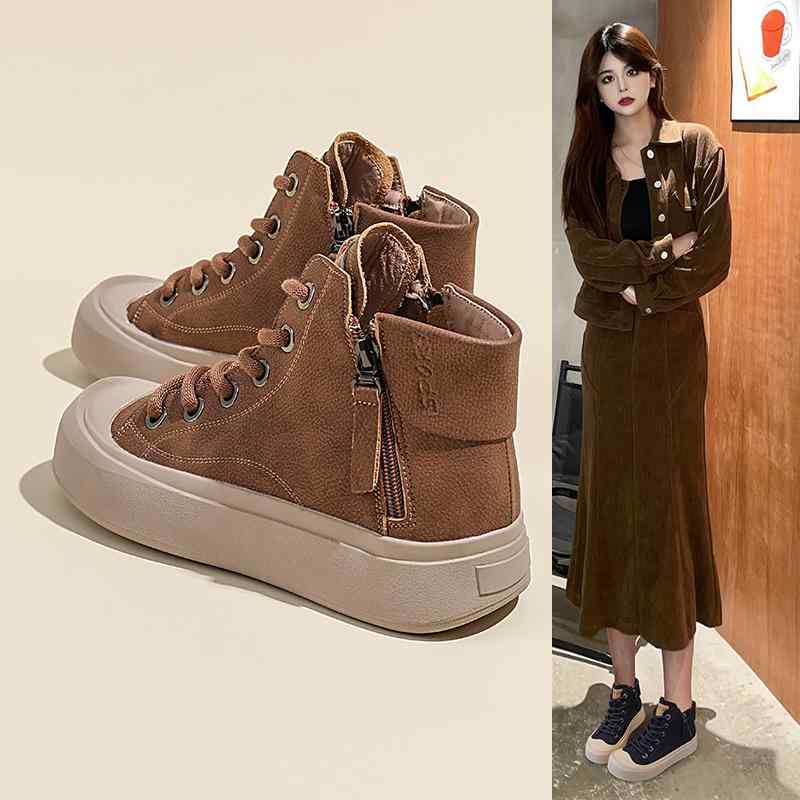 ショートブーツ レディース 厚底 太ヒール 歩きやすい 革 春秋冬 綿 ソフト ソール レースアップ かわいい カジュアル サイドジッパー ラウンドトゥ 裏地 茶色 黒 赤