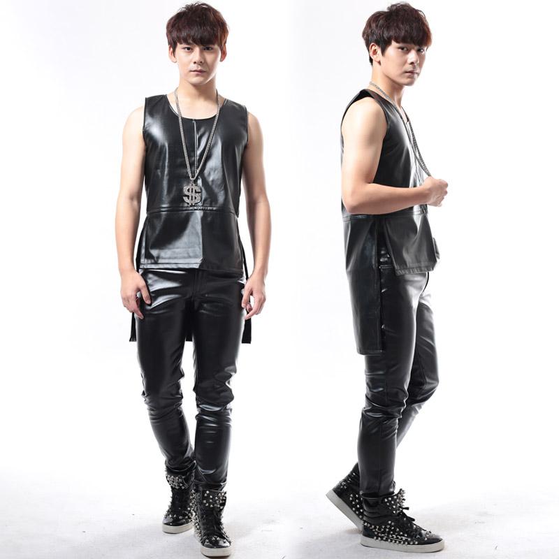 ステージ衣装 メンズ バンド タンクトップノースリーブ 歌手 パフォーマンス 舞台 ライブ 韓国 ファッション ロック プルオーバー ラウンドネック 派手 大きいサイズ 黒(4.0)