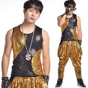 タンクトップ メンズ ノースリーブ 男性 ロック パンク パフォーマンス 舞台 歌手 ダンス ステージ スパンコール ベスト プルオーバー 薄手 パンツ セット...