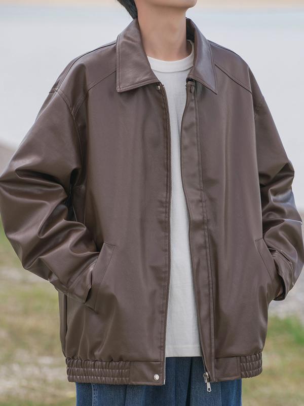 メンズ レザー ジャケット 秋 大きいサイズ ゆったり 襟付き ジップアップ アウター 革ジャン 黒 防寒着 シンプル カジュアル ライダース