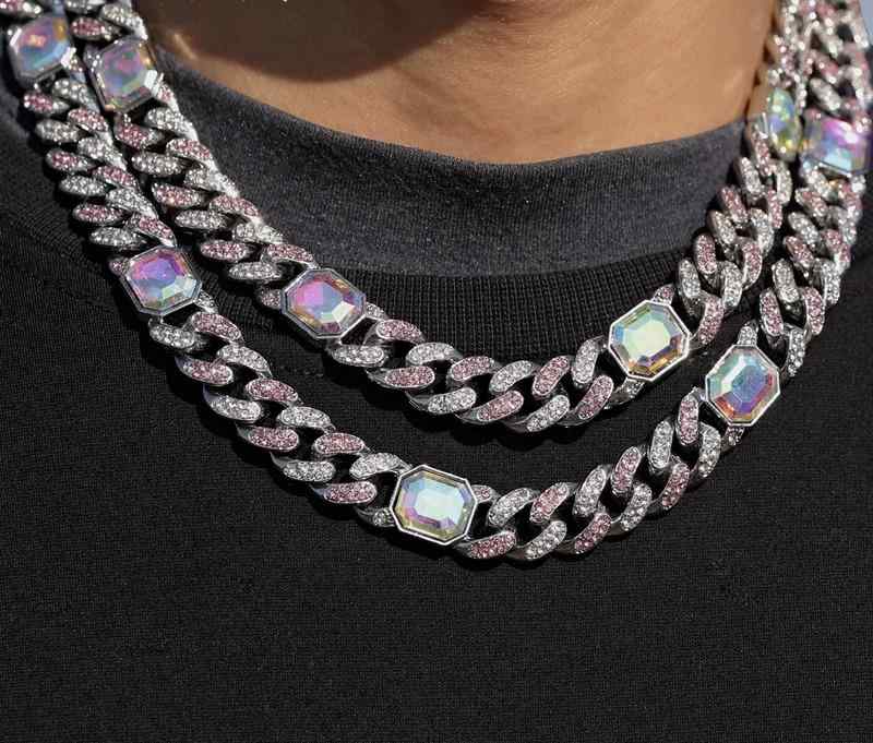 太い チェーン ネックレス 極太 マイアミ キューバン ヒップホップ ごつい ラップ アメリカン ストリート ICED OUT アイスアウト ピンク ストーン ...