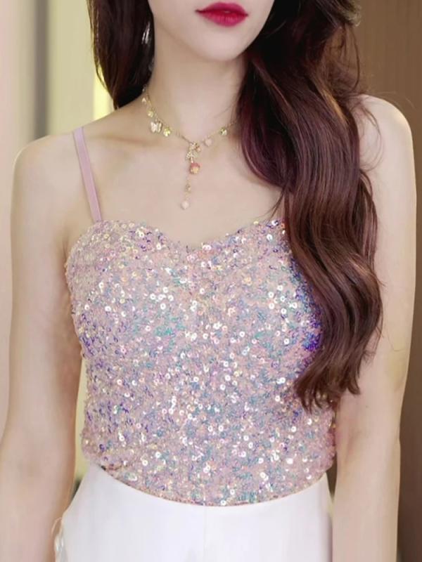 スパンコール トップス セクシー 痩身 キャミソール レディース ショートパンツ 薄い ガール インナー おしゃれ 夏 ピンク 黒 白 キラキラ