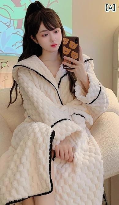 バスローブ レディース 秋冬 パジャマ 長袖 丈長め フード 厚手 暖かい ふわふわ もこもこ ルームウェ..