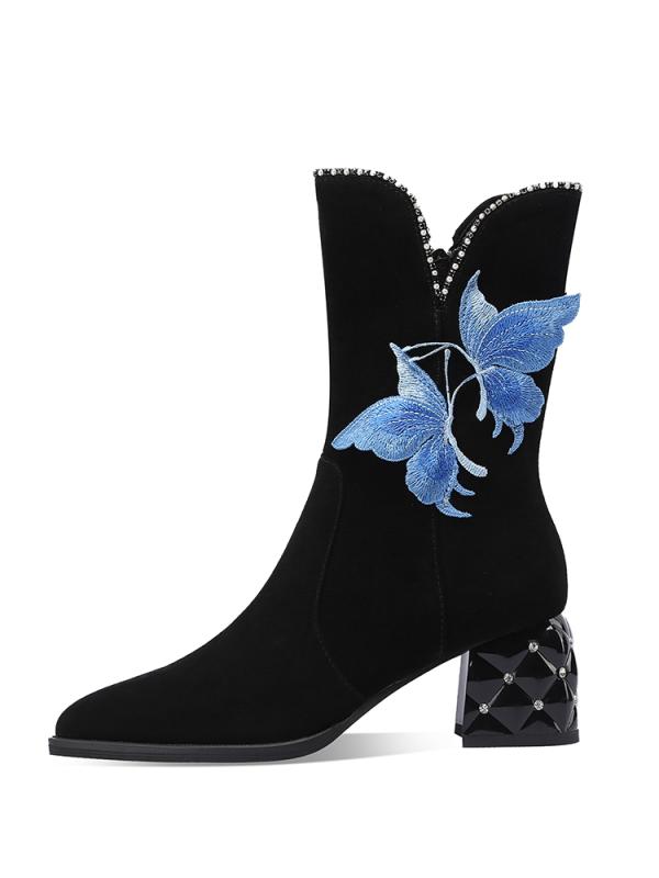 ブーツ レディース 秋冬 レザー 太ヒール 歩きやすい 刺繍 婦人靴 エレガント 中国風 ラインストーン ..