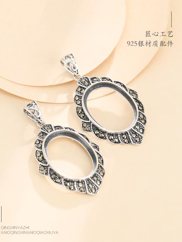 空枠 ペンダント アクセサリー ネックレス パーツ チャーム ホルダー ハンドメイド DIY S925 レディース おしゃれ キラキラ ラインストーン レトロ オーバル シルバー