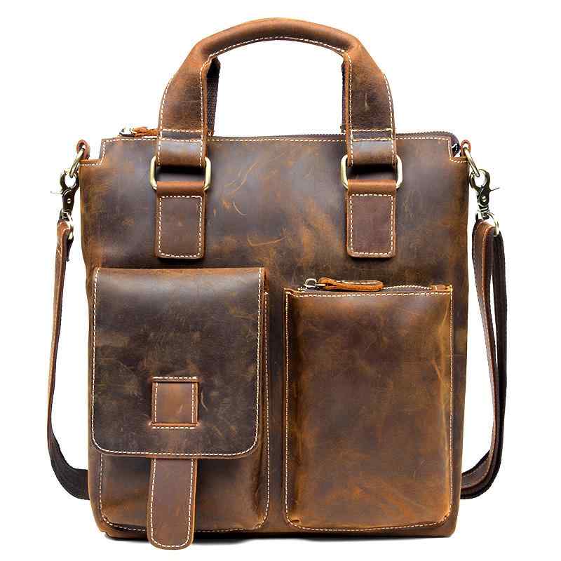 Attache Case - ブリーフケース レザー メンズ おしゃれ レトロ ビジネス ハンドバッグ 大容量 2way 斜め掛け 大人 ショルダー 牛革 ブラウン
